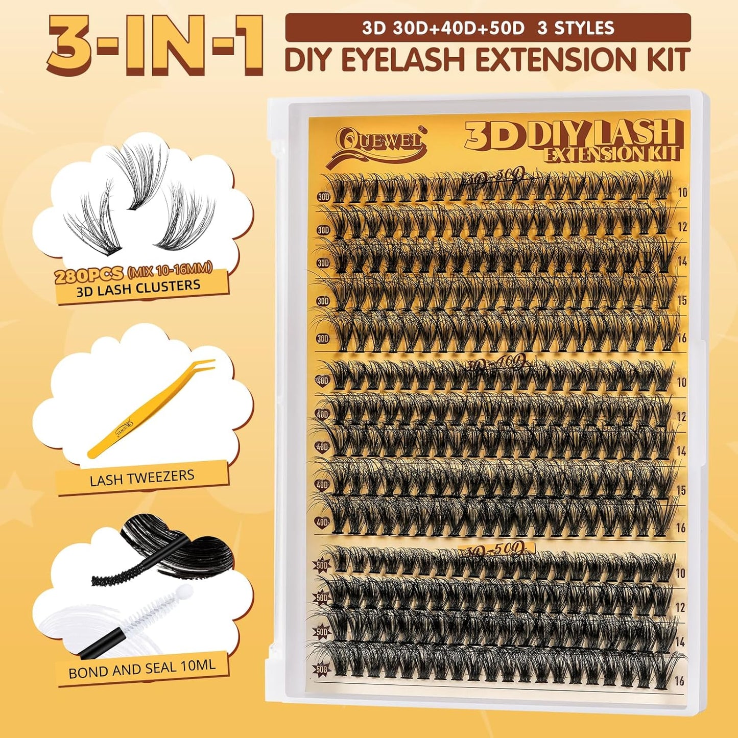 QUEWEL DIY-Lash-Extension-Kit, 3D Lash-Clusters-Kit with 280PCS 30+40+50D Lashes Clusters Mixed 10-16mm Eyelash Clusters, Lash Bond and Seal, Eyelashes Tweezers DIY at Home(3D 30+40+50 KIT)