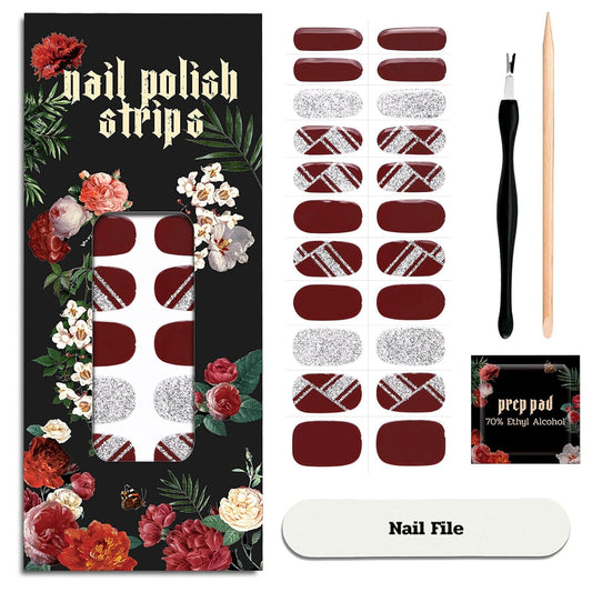 Nail Polish Strips - 22 Pcs Salon Quality Gel Nail Stickers - Long Lasting Wraps (Cherry Mocha Glitter)