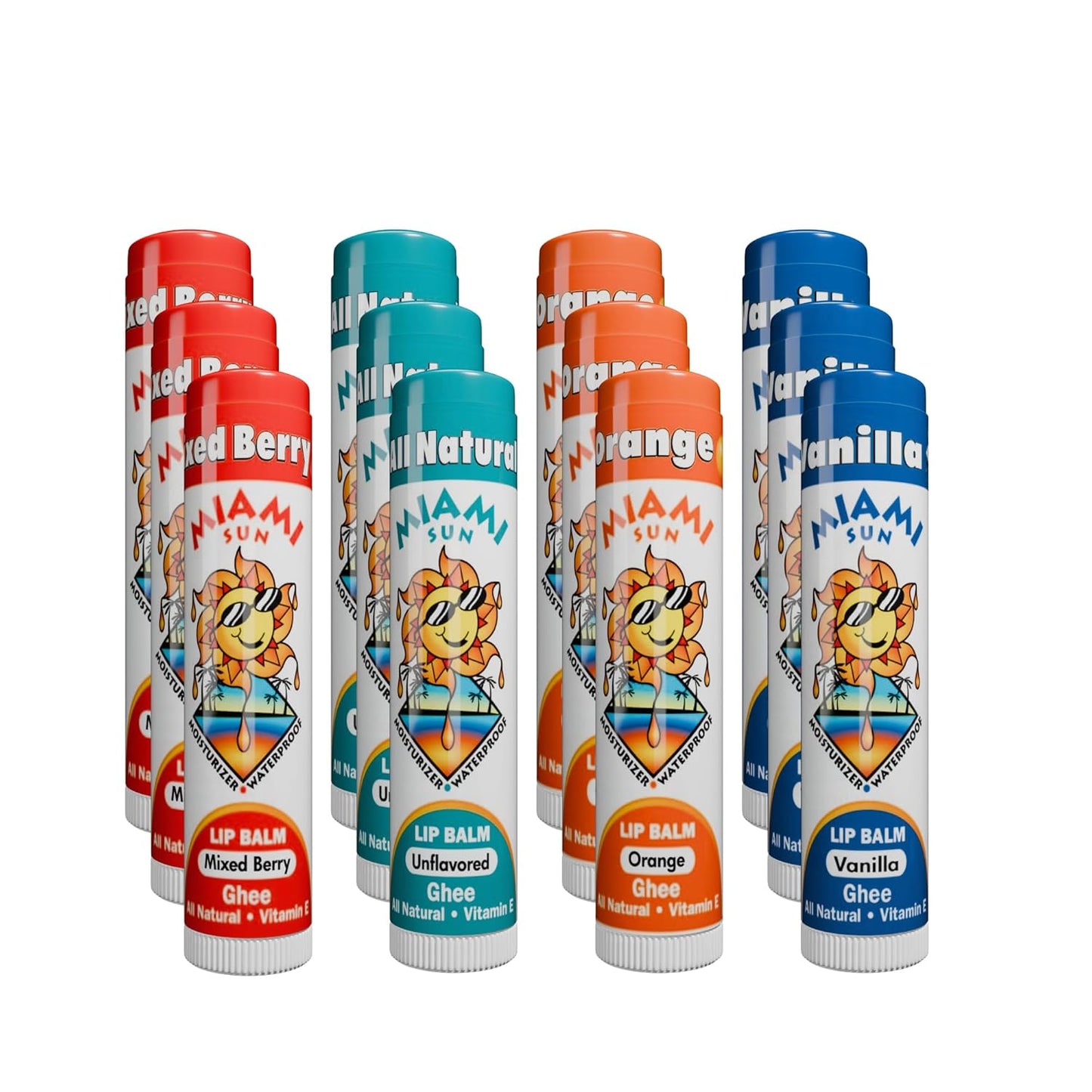 Miami Sun Natural Ghee Lip Balm, Hydrating Lip Treatment with Shea Butter & Beeswax, Organic & Non-Toxic, Best for Dry, Chapped Lips - Moisturizing, Healing, Chemical-Free Lip Repair (12 Pcs, Variety)