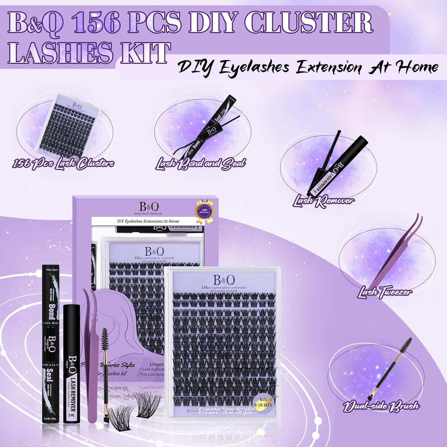 B&Q Lash Clusters 156PCS Lash Clusters Kit B05 DIY Lash Extension Kit Eyelash Extension Kit 8-18mm Lashes Clusters with Lash Bond & Seal Lash Applicator Tool for Self Use (Kit,B05)