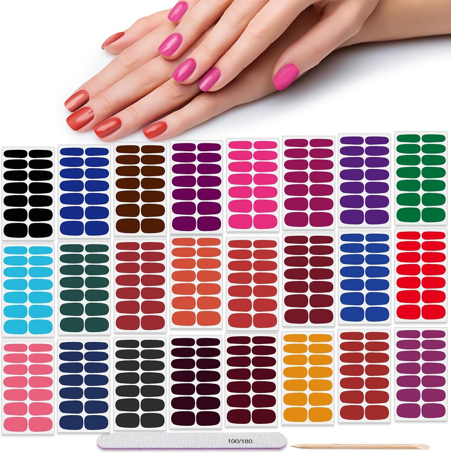 DANNEASY 336pcs/24 Sheets Nail Polish Strips, Nail Stickers Full Nail Wraps Gel Strips, UV Free | Self-Adhesive Sticker Nails for Women with 1 File, 1 Wooden Stick - Dark Solid Color