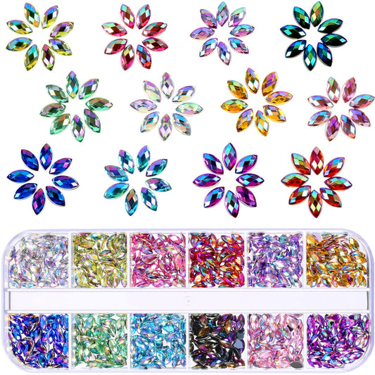 TecUnite 1200 Pieces 12 Colors Shiny Nail Rhinestones Horse Eye Nail Rhinestones Flat Back Gems Decorations Supplies with Box Face Art Gem Jewel for Halloween Party Decorations Crafts (12 Colors)