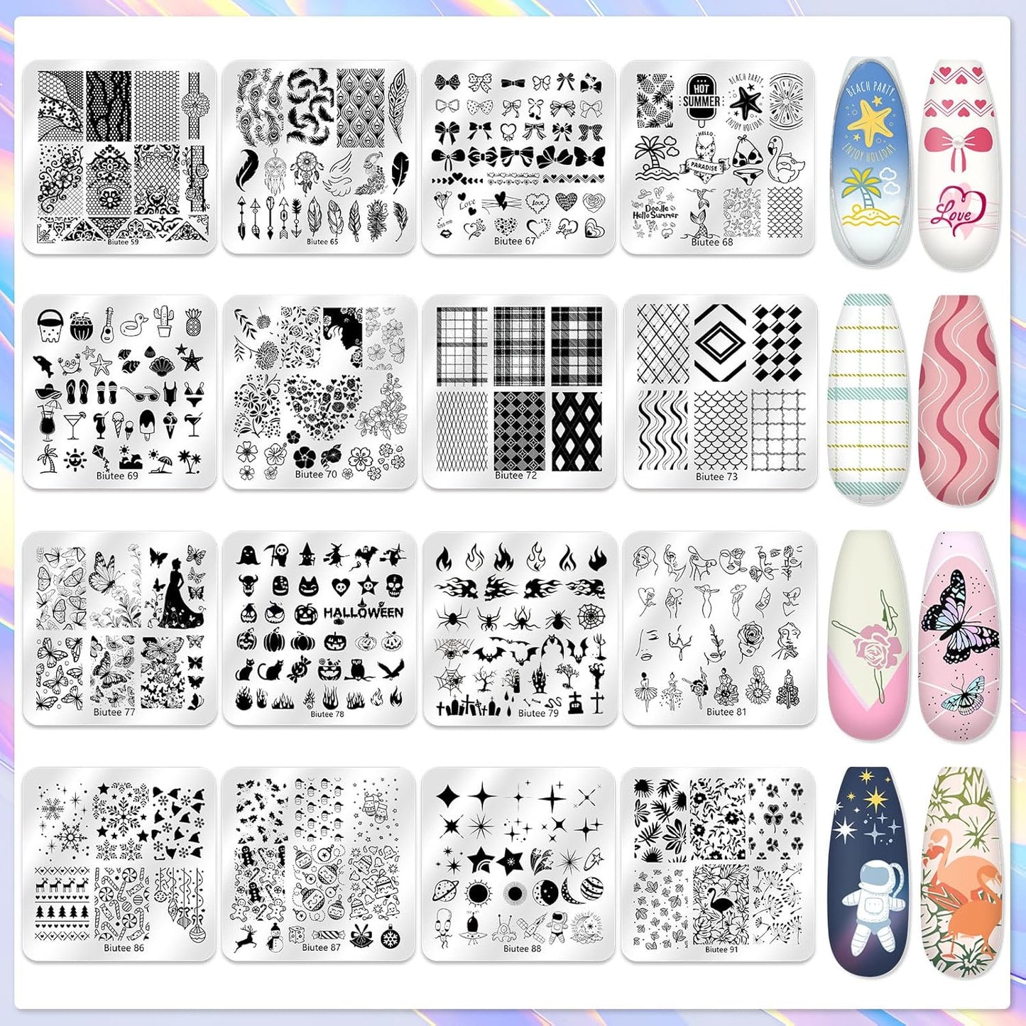 Biutee Nail Stamping Kit 12Pcs Nail Art Stamp Plates 8 Colors Stamping Polish Gel Silicone Stamper Scraper with Storage Bag, Nail Stamping Plate Lace Star Rose Plaid Template Halloween Design Gift