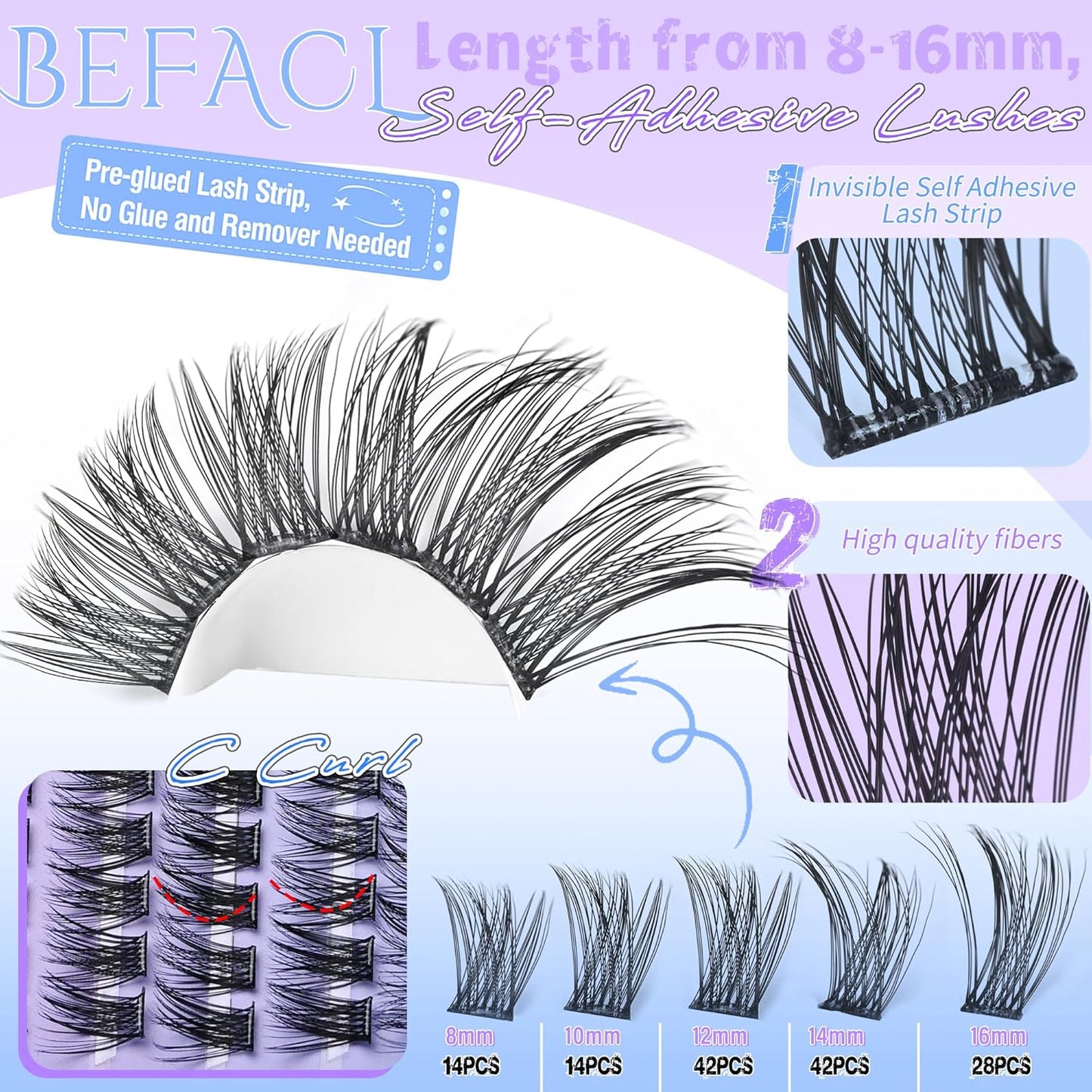 Self Adhesive Eyelashes Clusters Press on Lash Clusters Wispy Lash Extensions No Glue Needed Lashes Clusters Natural Cluster Eyelash Extensions Kit with Tweezers (8-16mm,C Curl)