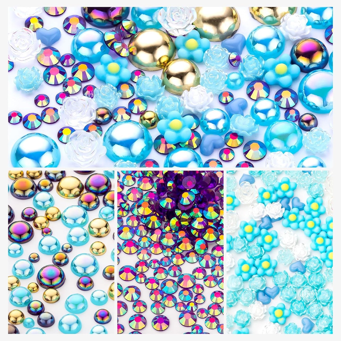 160g Gold Aquamarine Flat Back Pearls Rhinestones with Gel for Crafts Mixed Size 3mm-10mm AB Color Round Half Pearls Flatback Pearl Beads and Resin Rhinestones Set for Face Art