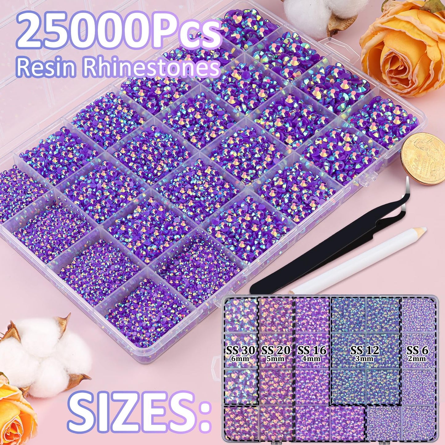 25000Pcs Resin Jelly Rhinestones with Tweezers for Crafting, Dark Purple AB Flatback Gems, Bedazzling Crystal with 3Pcs 10ml B7000 Jewelry Glue for DIY Crafts Clothing Tumblers Shoes Fabric Nail Art