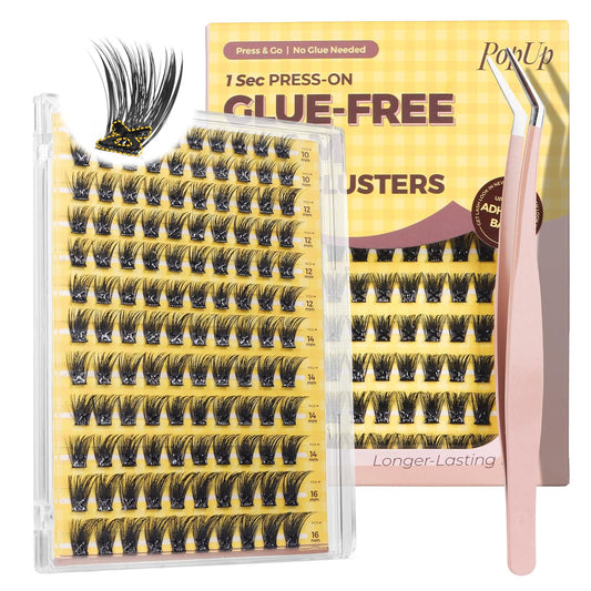 PopUp Self Adhesive Eyelashes Clusters, Press On Lashes Pre Glued Eyelash Extension Kit with Lash Tweezer,10-16mm No Glue No Remover Needed Self Adhesive Lashes Clusters NM03-D