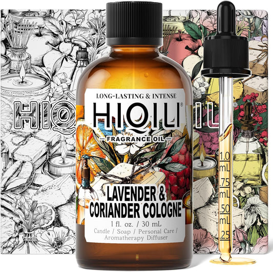 HIQILI Lavender & Coriander Cologne Fragrance Oil for Diffuser, Candle & Soap & Perfume Making, for Hotel and Home, Essential Oil, Long-Lasting Aroma - 1fl oz