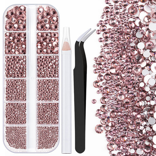 One Pack 2000 Pcs of Flatback Round Pale Purple Rhinestones 6 Sizes (1.5-6 mm) with Nail Art Rhinestone Picker Pencil and Tweezer for DIY and Salon Use
