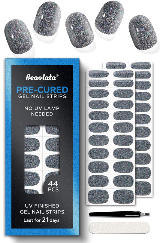 Pre Cured Gel Nail Strips - 44PCS Salon Quality Gel Nail Stickers - Long Lasting Polish Wraps for Women no UV Light Needed Easy Apply& Remove (Cool Silver)