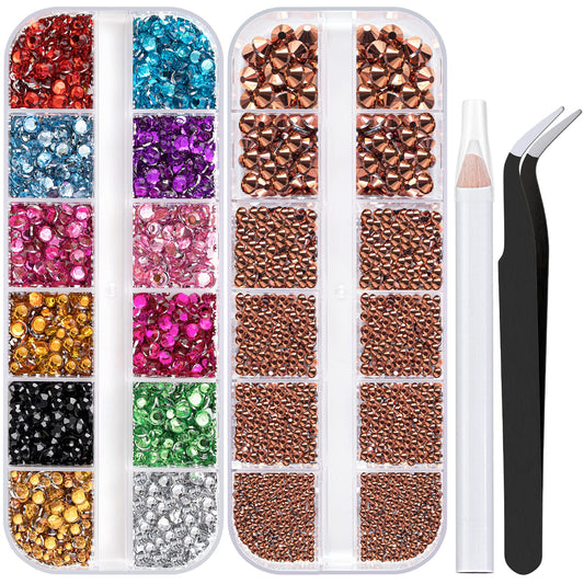 Two Packs of Flatback Rhinestones 4520 Pcs Colorful Nail Art Rhinestones Flatback Crystal Colorful+Rose Gold Rhinestone with Picker Pencil and Tweezer for Nail Art and Decoration