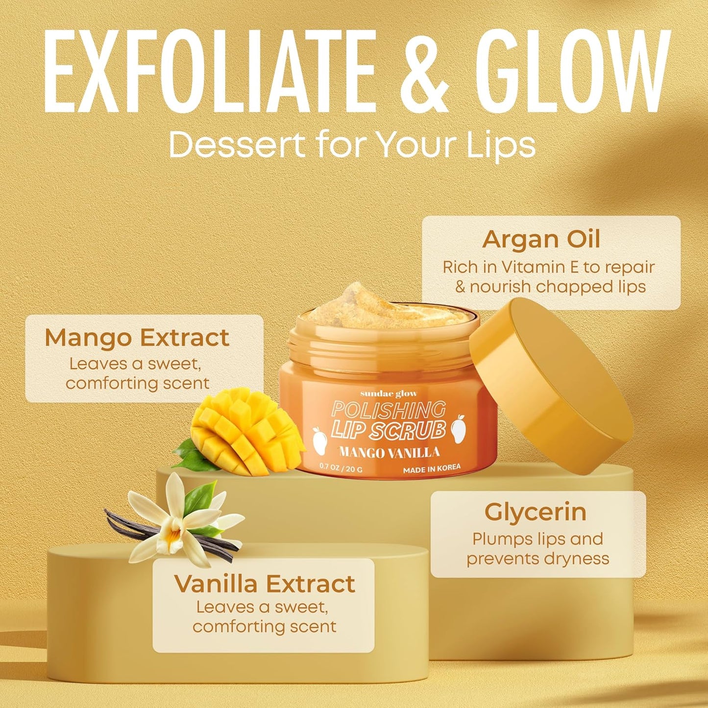 Lip Scrub with Mango Vanilla – Exfoliates, Hydrates & Repairs – Smooths, Softens & Revitalizes Dry Lips – Dermatologist Tested, Korean Skin Care – Clean Beauty, Cruelty-Free – 1 Pack