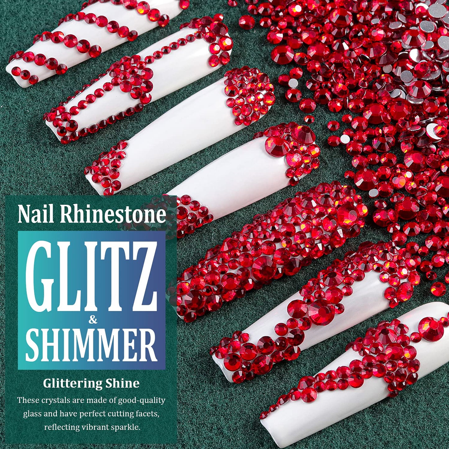 6 Sizes Red Glass Crystal Kit with Pickup Pen + Tweezer Tools for Shine Nail Art Manicure Makeup DIY Decoration Flatback Round Rhinestone Gem Jewelry Diamond