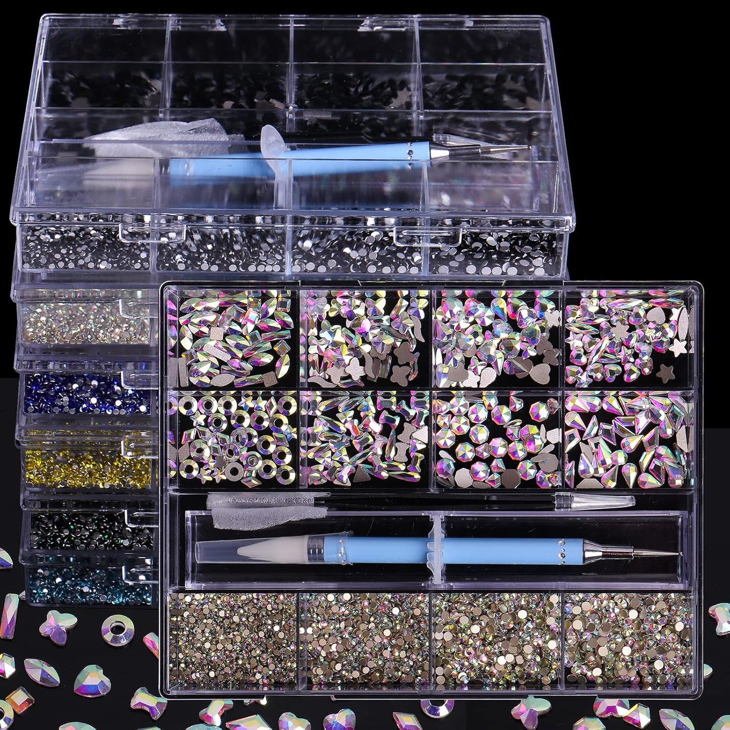 3320Pcs Lemon Yellow Nail Art Rhinestones Crystal,3D Rhinestones Gems Jewels Diamond,24 Types of 320 Diamonds + 3000 Round Beads, Crystals 3D Flat Back Gemstones for Nail DIY Crafts with Tweezers Pen