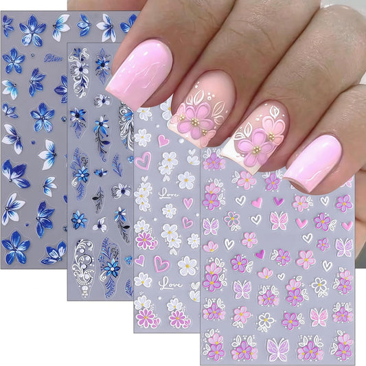 4 Sheets Blue Flower Nail Art Stickers Colored Flower Love Butterfly Nail Stickers 5D Embossed Floral Nail Decals Lily of The Valley Petal Vine Nail Art Supplies for Women Girl DIY Nail Decorations