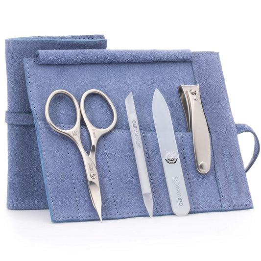 GERMANIKURE 4pc Mini Professional Manicure Set in Suede Case - FINOX Stainless Steel Tools Made in Solingen Germany, Glass Nail Care Supplies Made in Czech Republic