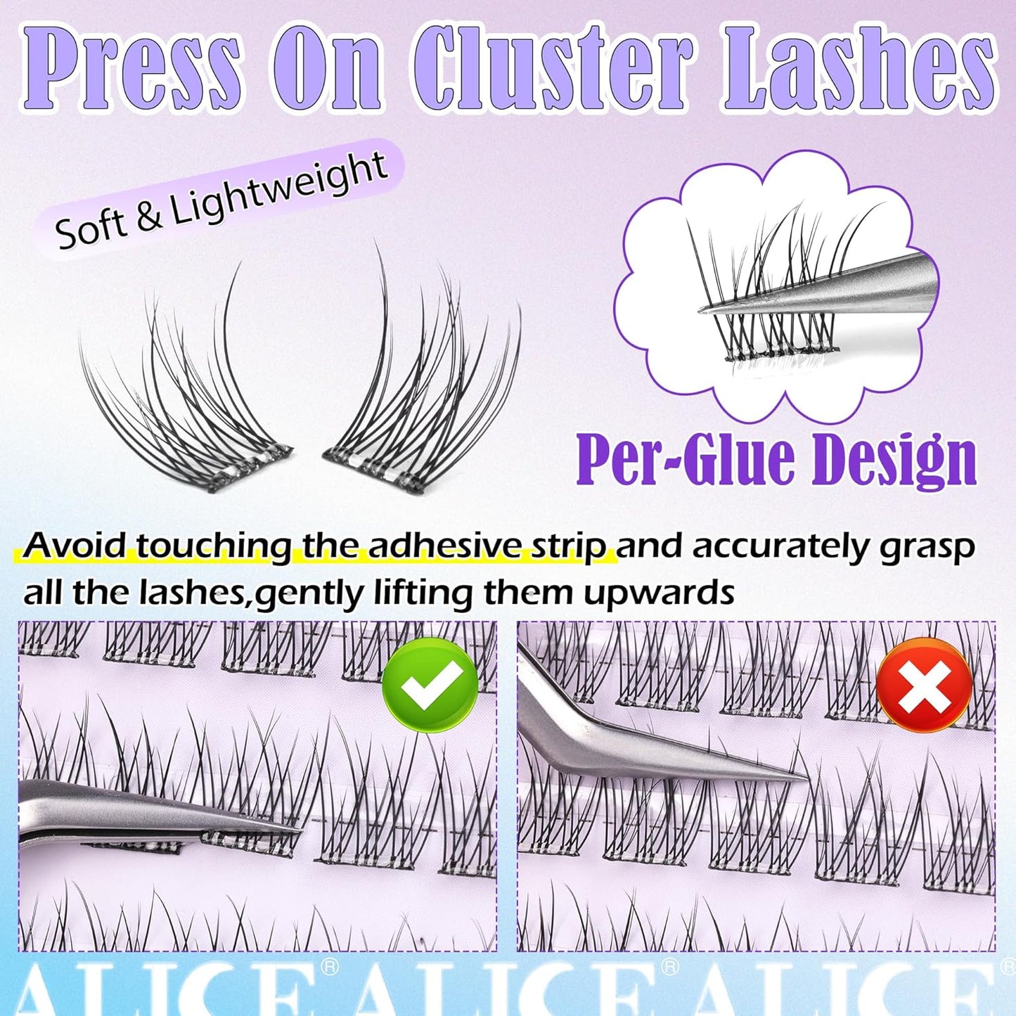 ALICE Self Adhesive Eyelashes Natural Self Adhesive Lash Clusters No Glue Needed Wispy Reusable Press on Lashes Pre-Glue 10-12mm 120pcs DIY Eyelash Extensions