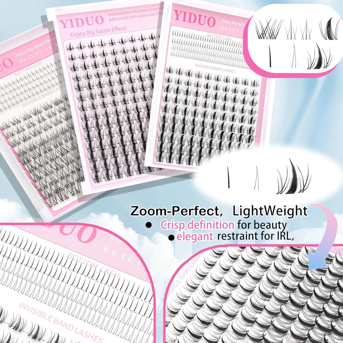 Fairy Manga lashes Clusters with Bottom Lashes Clusters Kit Gift Packs 604Pcs 5-16mm Soft Extension False Eyelash D Curl Wispy Natural Wet-Look Lashes Extensions Combo Pack with Glue Removers