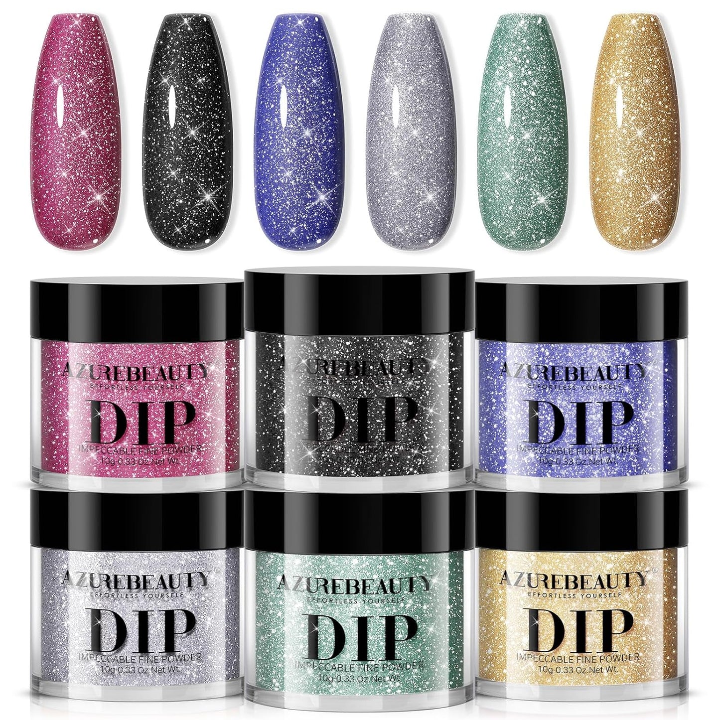 AZUREBEAUTY Sparkling Dip Powder Nail Set Micro Glitter Pink Silver Black Blue Green Gold Bright Flashlight Shine 6 Colors Dipping Powder Starter Kit Nail Art Manicure Salon, No Need Nail Lamp Cured
