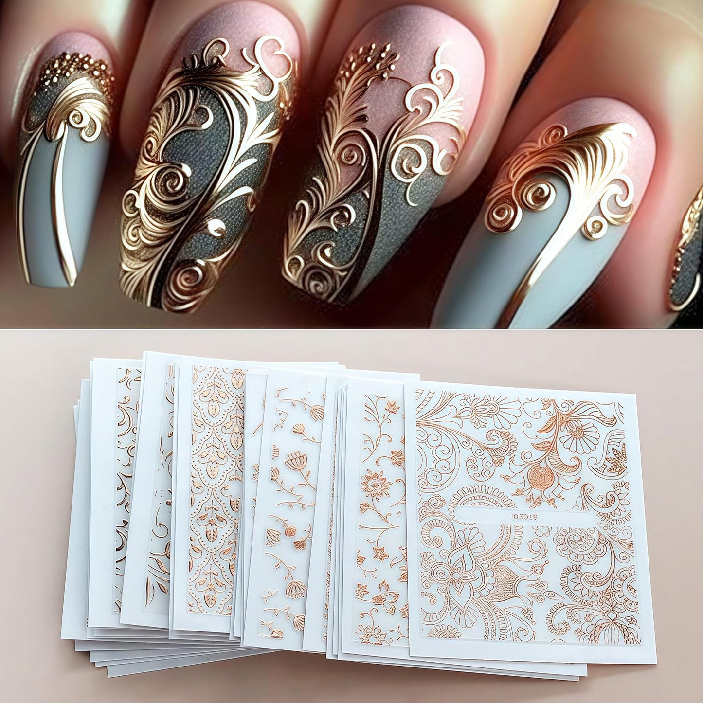 30 Sheets Lace Flower Nail Art Sticker 3D Self-Adhesive Hollow Rose Golden Lace Floral Vine Decals Irregular Geometric Manicure Sliders for Spring Summer Women Acrylic Nail Decorations