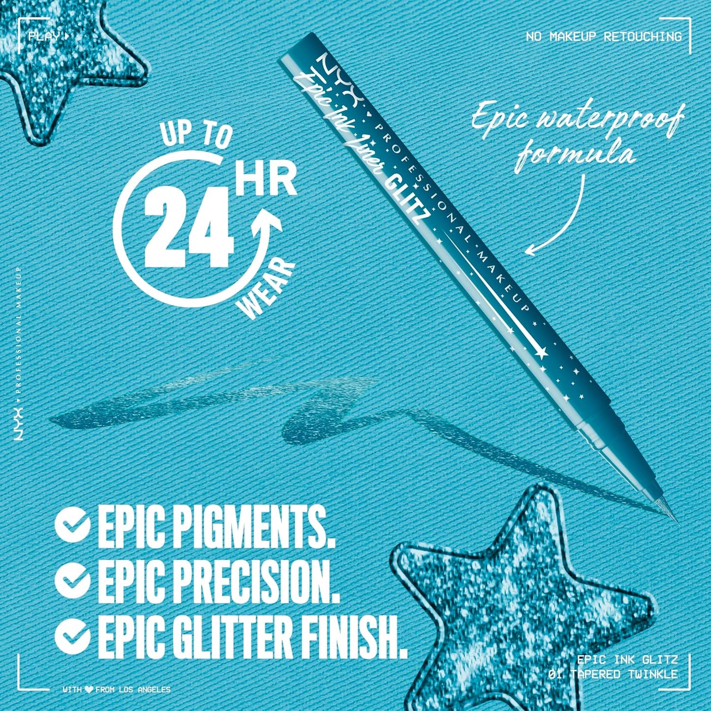 NYX PROFESSIONAL MAKEUP Epic Ink Glitz Liner, Waterproof Metallic Liquid Eyeliner with Vegan Formula - Tapered Twinkle (Shimmer Teal Blue)