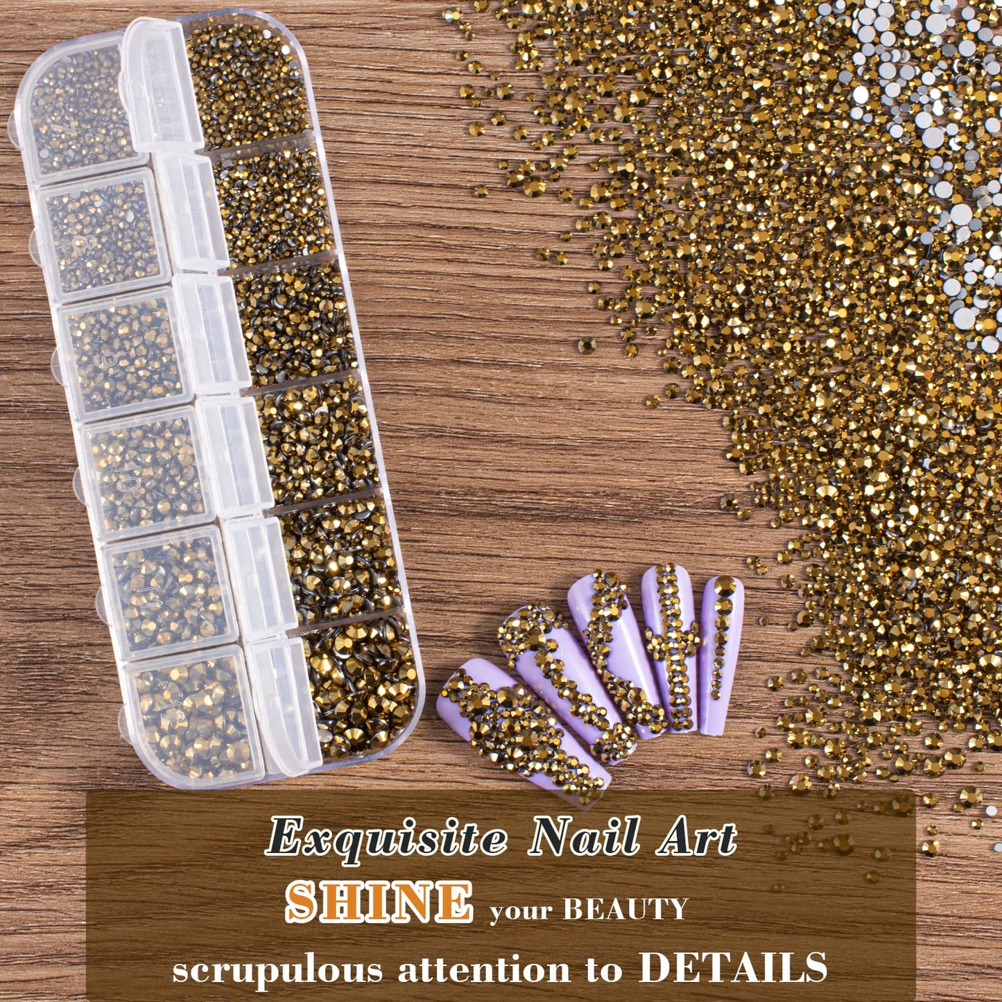 3600pcs Glass Mineral Gold Nail Rhinestones 6 Sizes(1.8/2/2.4/2.8/3/4mm) Flatback Crystal Nail Charms Jewels Decoration for Nail Art and Crafting, Tweezer and Pickup Pen included