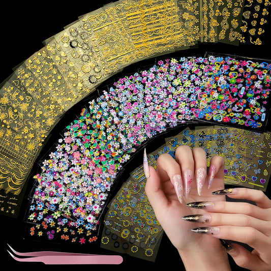 Teenitor 50 Sheets Nail Stickers for Nail Art, Flower Nail Art Stickers Gold Floral Nail Decals for Nails Design, Nail Decor Nail Accessories for Women Girls Kids Summer
