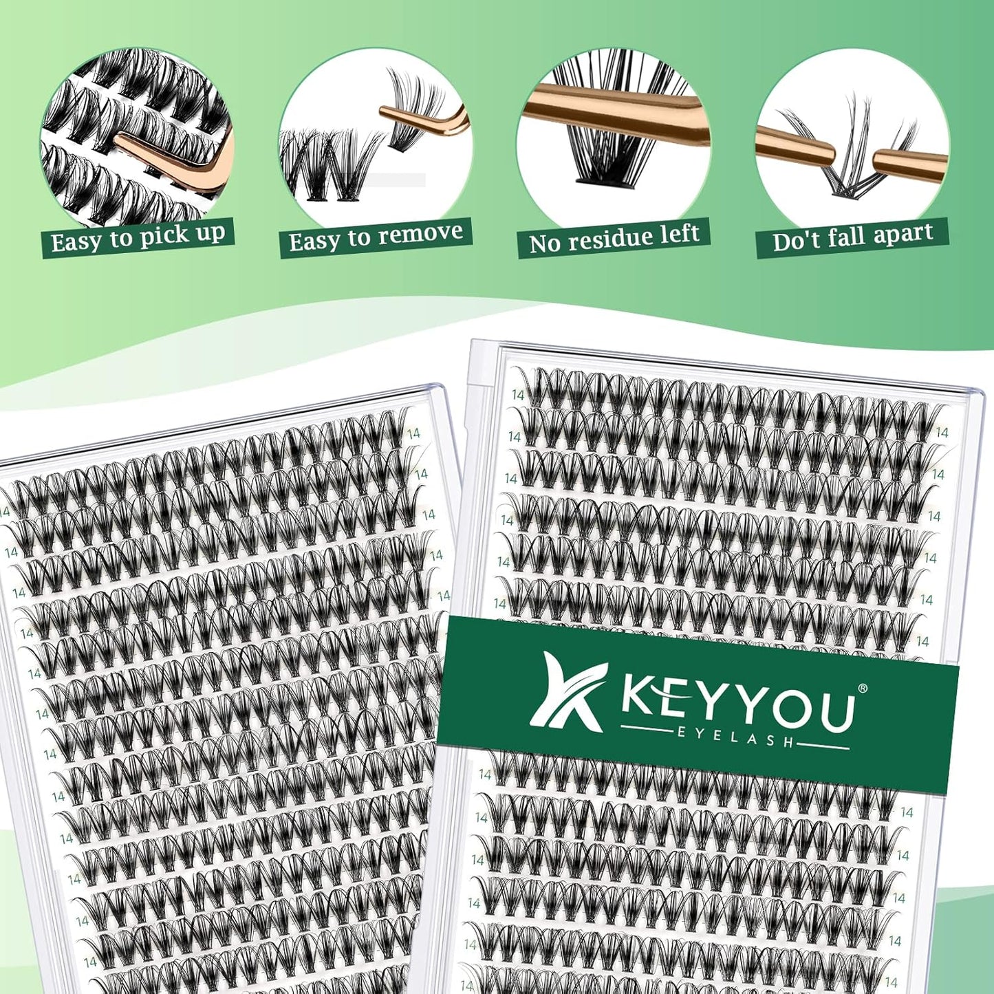 Lash Clusters 300pcs Individual Lashes 30D 0.07D Curl 14mm DIY Eyelash Extension KEYYOU Large Tray Volume Soft&Natural Eyelash Clusters(30D-0.07D,14）