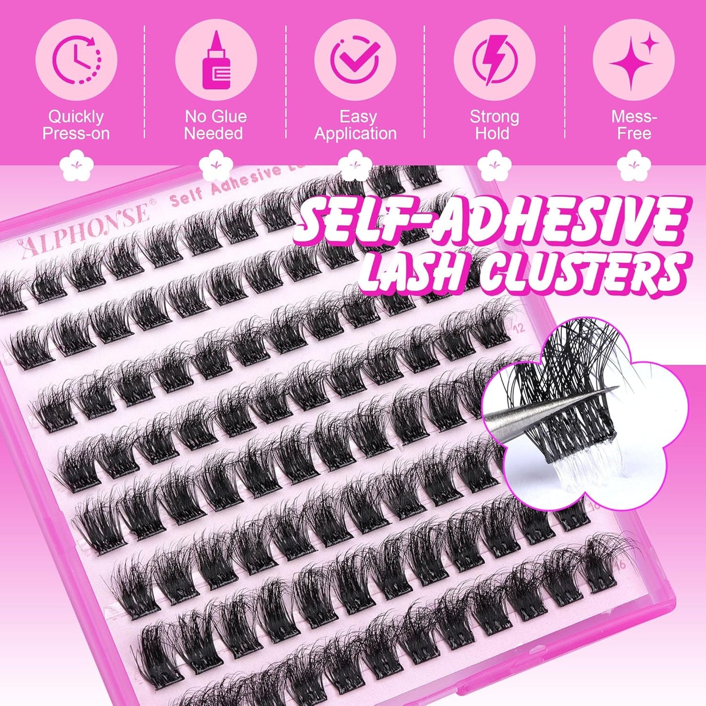 ALPHONSE Self Adhesive Lash Clusters Reusable Self Adhesive Eyelashes Fluffier Press on Lashes Extension No Glue Needed 10-16mm Glueless Lashes Clusters with Tweezers