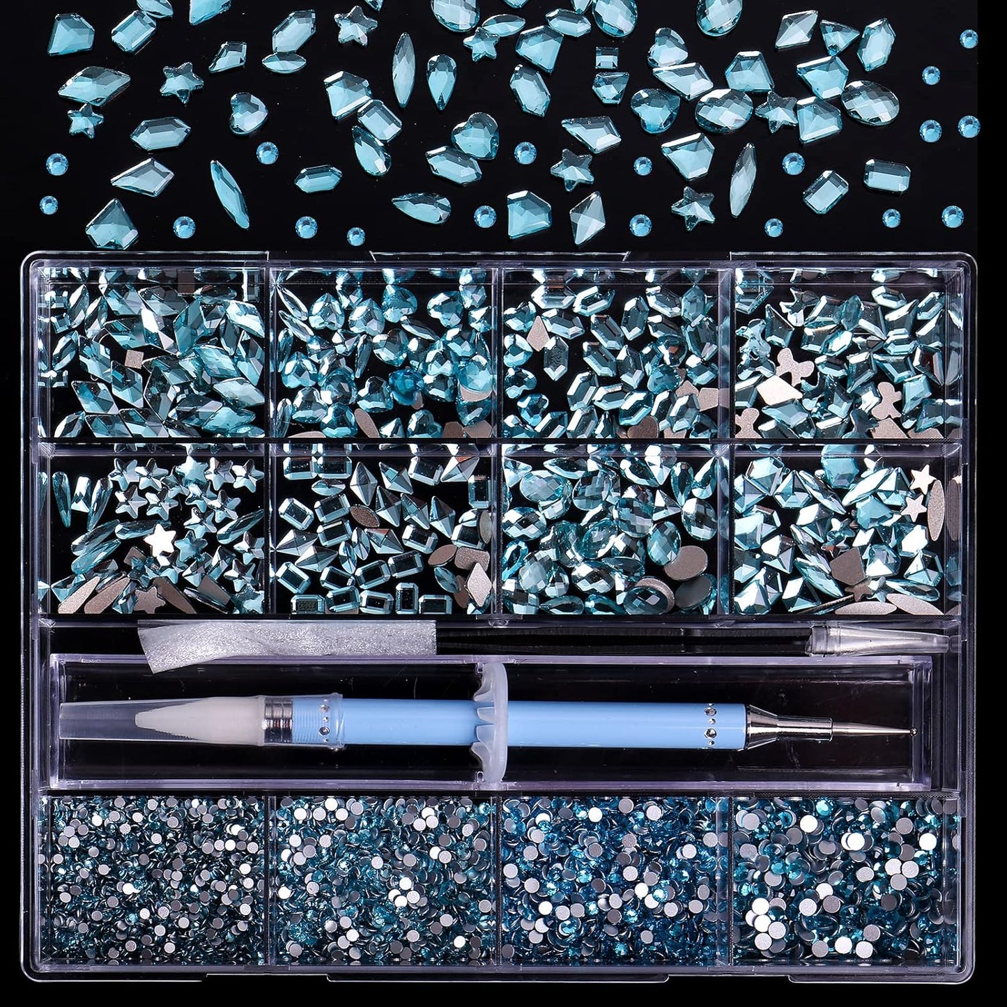 3320Pcs Lake Blue Nail Art Rhinestones Crystal,3D Rhinestones Gems Jewels Diamond,24 Types of 320 Diamonds + 3000 Round Beads, Crystals 3D Flat Back Gemstones for Nail DIY Crafts with Tweezers Pen