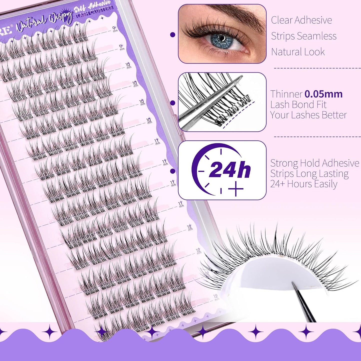 JIMIRE Self Adhesive Eyelashes Wispy Lash Clusters Natural Look 9-12MM Press on Lashes Self Adhesive Lash Clusters No Glue Needed Natural Pre Glued Lashes Clusters Reusable Invisible Band