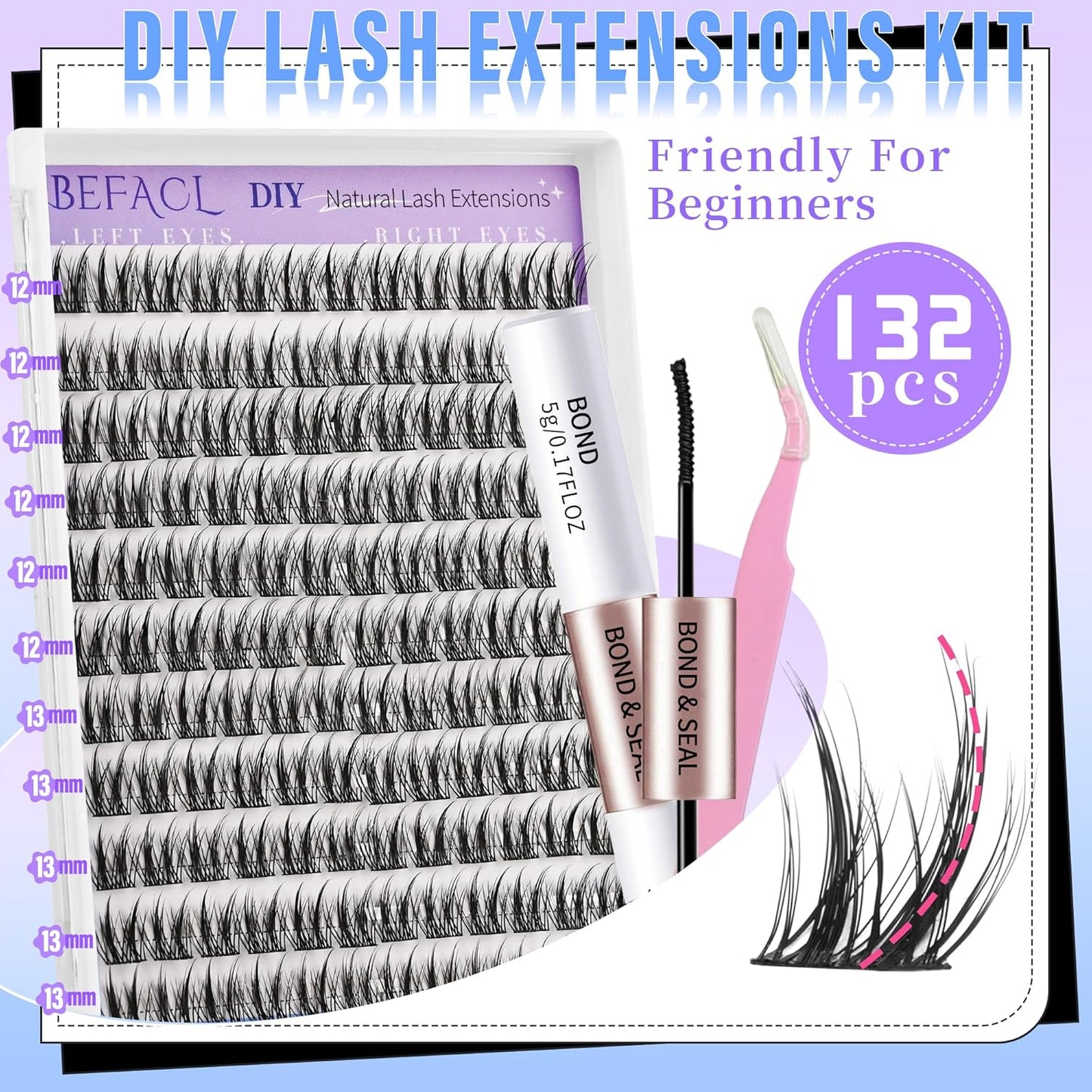 Natural Lash Clusters Wispy Cluster Eyelash Extensions Waterproof Individual Lashes 12&13mm Short Eyelash Clusters Manga Lashes Clusters Kit(132Pcs,C Curl)