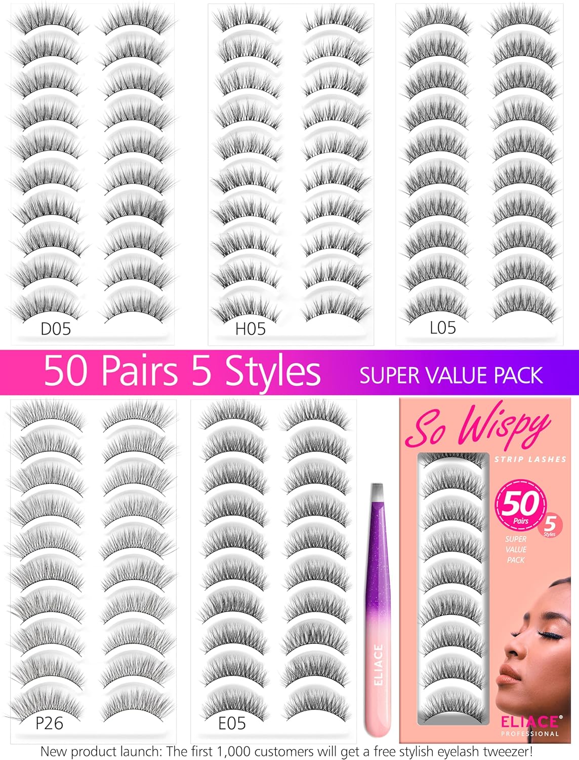 Eliace Luxurious 50 Pairs 5 Styles Cat Eye Lashes Wispy False Eyelashes Natural look 3D Mink Lashes Fake Eyelashes Kit, Thin Soft Band Comfortable Fluffy Volume Cross Strip Lash, with Lash Tweezers