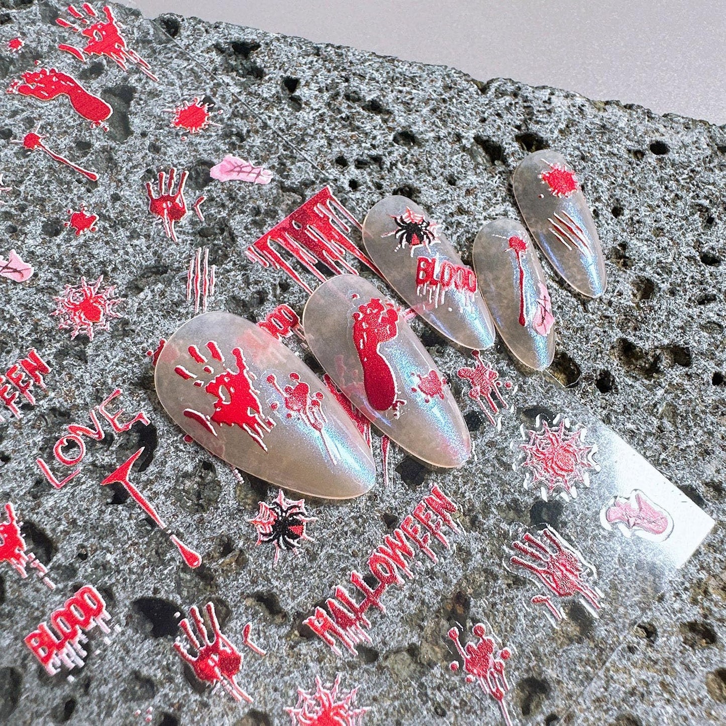 1 Sheets Halloween Nail Decals for Nail Art Horror Bloody Handprint Nail Design Sticker Scary Blood Drop Nail Stickers Bloody Footprints Spider Nail Art Stickers for Women Holiday Nails Decoration