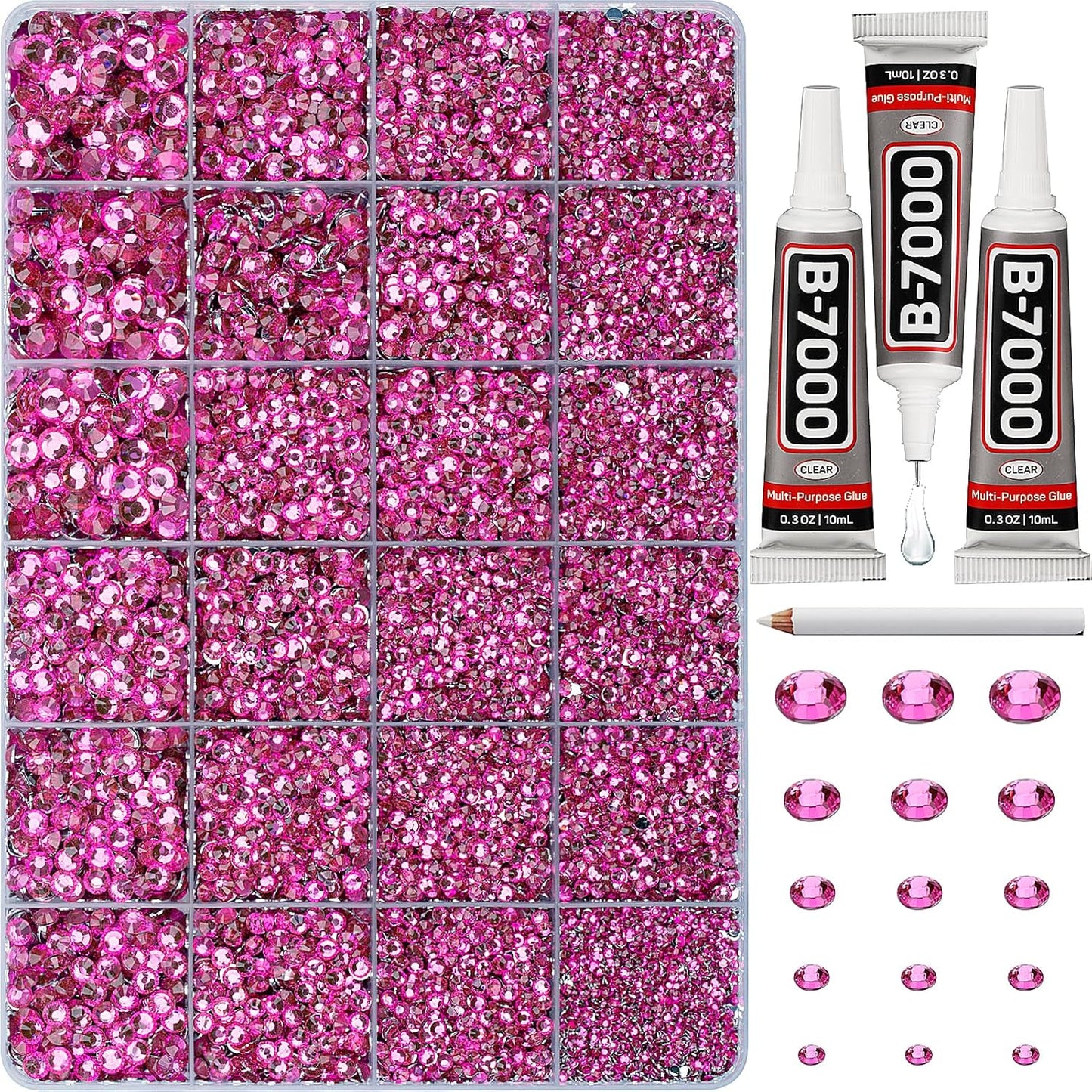 30000Pcs Resin Rhinestones Set for Crafting Bedazzling, Hot Pink Flatback Gems Jewels Crystals for Crafts Clothes Shoes Fabric Shirts Tumblers Cups, Flat Back Bedazzler Kit with b 7000 Glue