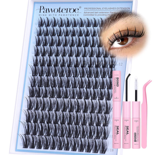Pawotence Fairy Lash Clusters Kit Eyelash Clusters 10-18mm Wispy Lashes Clusters Eyelash Extension Kit 144pcs Natural Individual Lashes with Lash Bond and Seal, Tweezers, DIY Lash Extension Kit
